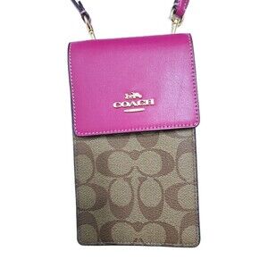 Coach Women's North South Phone Crossbody Pink Brown Gold Wallet Bag Satchel